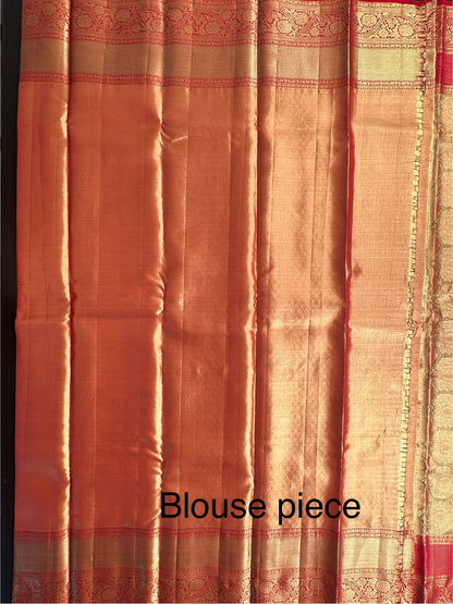 Golden - Red  Handloom Kanjivaram Jamawar Pure Tissue Silk Saree