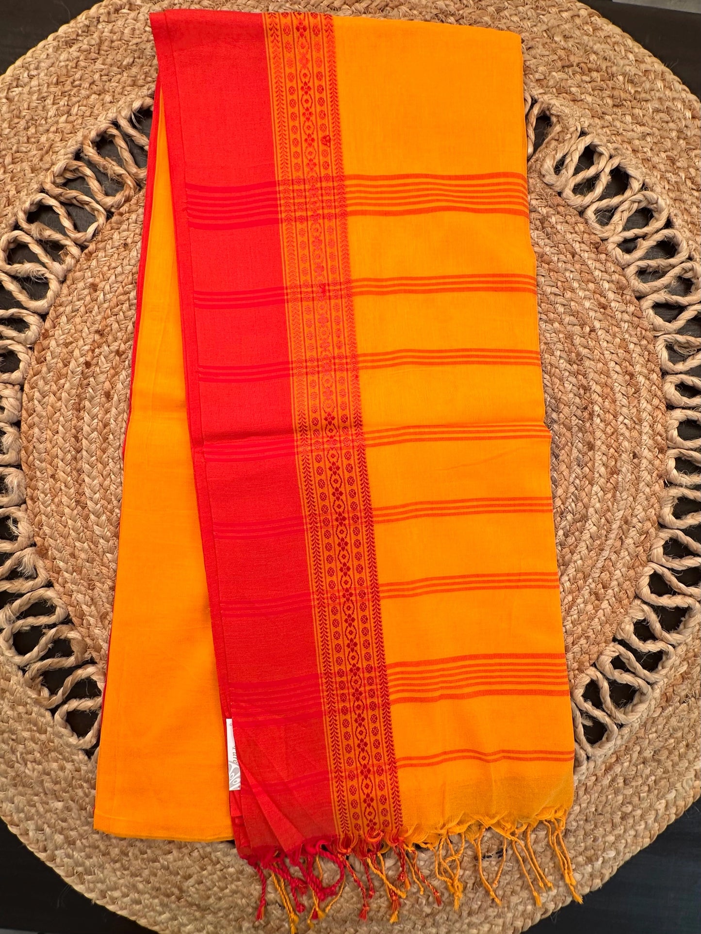 Mustard-Red Piku Bengal Cotton Saree