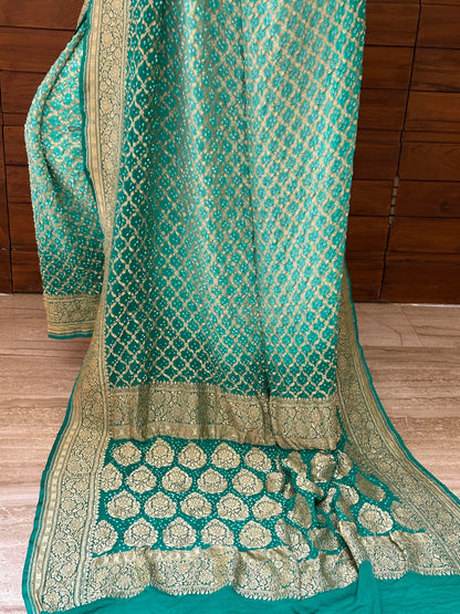 Sea Green Shaded Gharchola Bandhej Pure Khaddi Georgette Saree