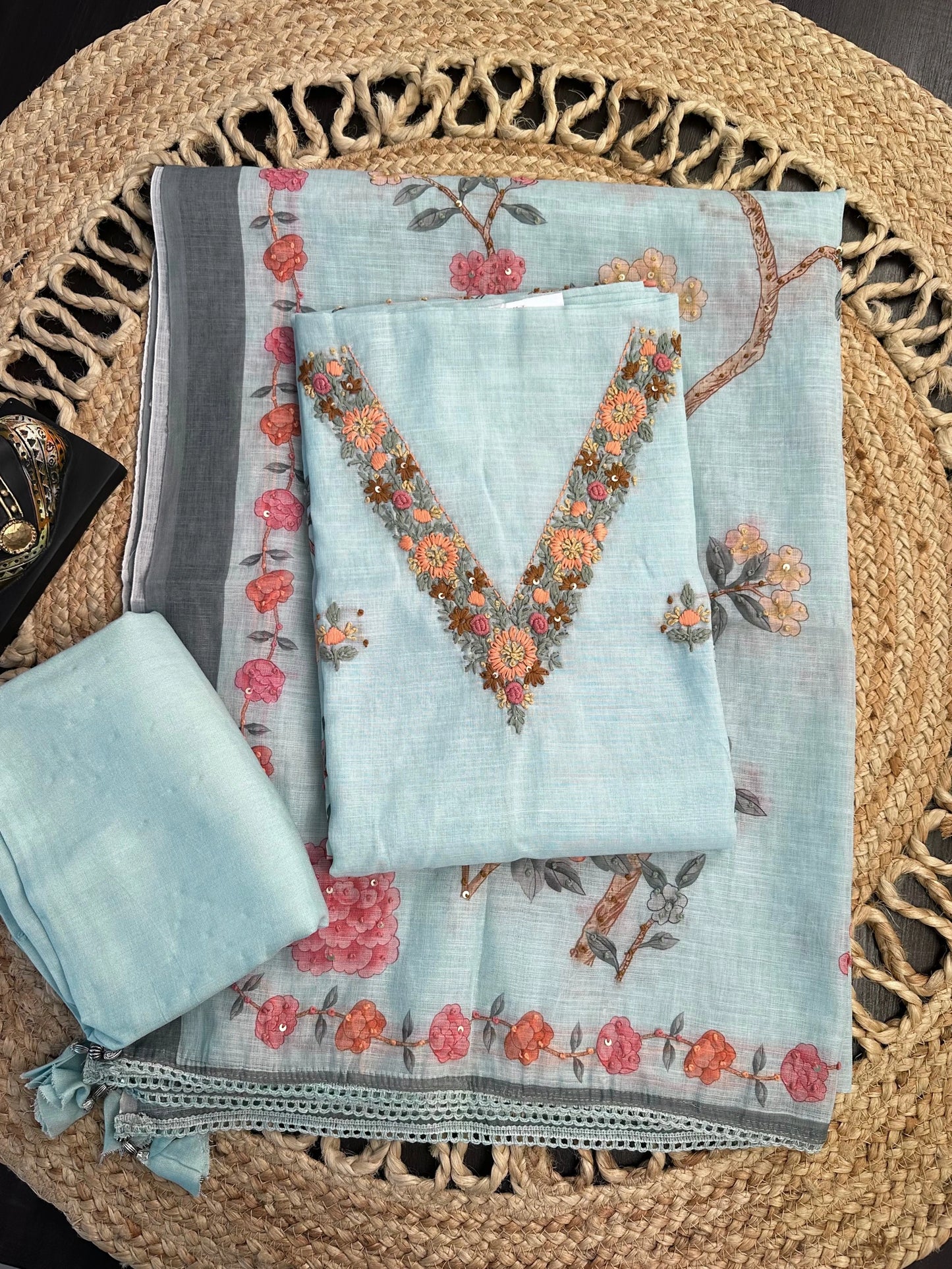 Powder Blue Hand Embroidery Fancy Cotton Suit