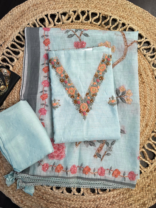 Powder Blue Hand Embroidery Fancy Cotton Suit