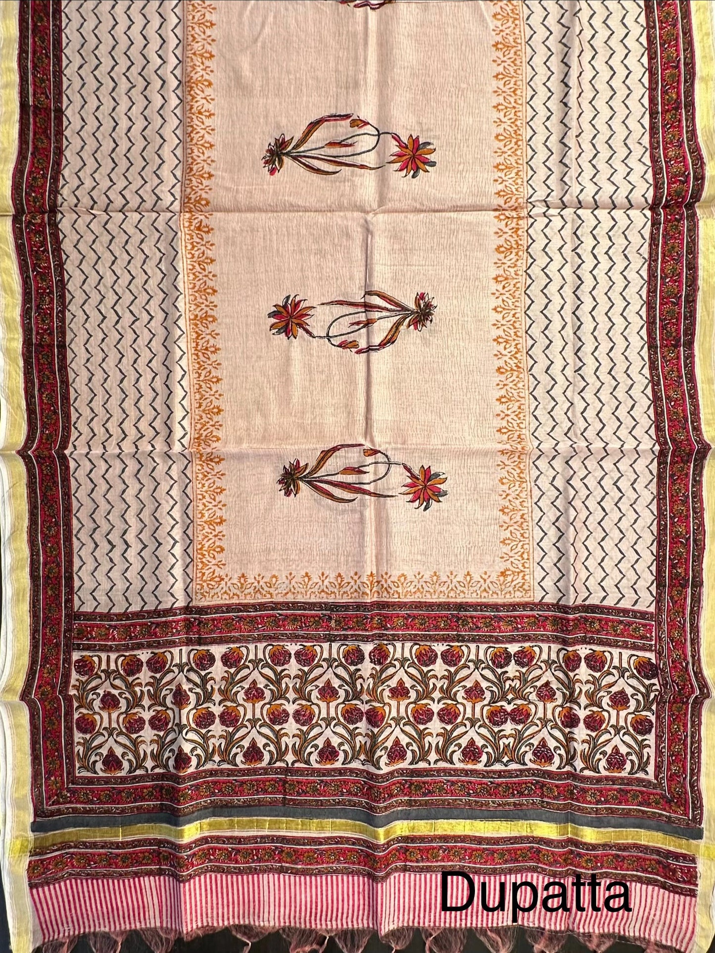 Beige-Red Chanderi 3-Piece Suit