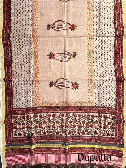 Beige-Red Chanderi 3-Piece Suit