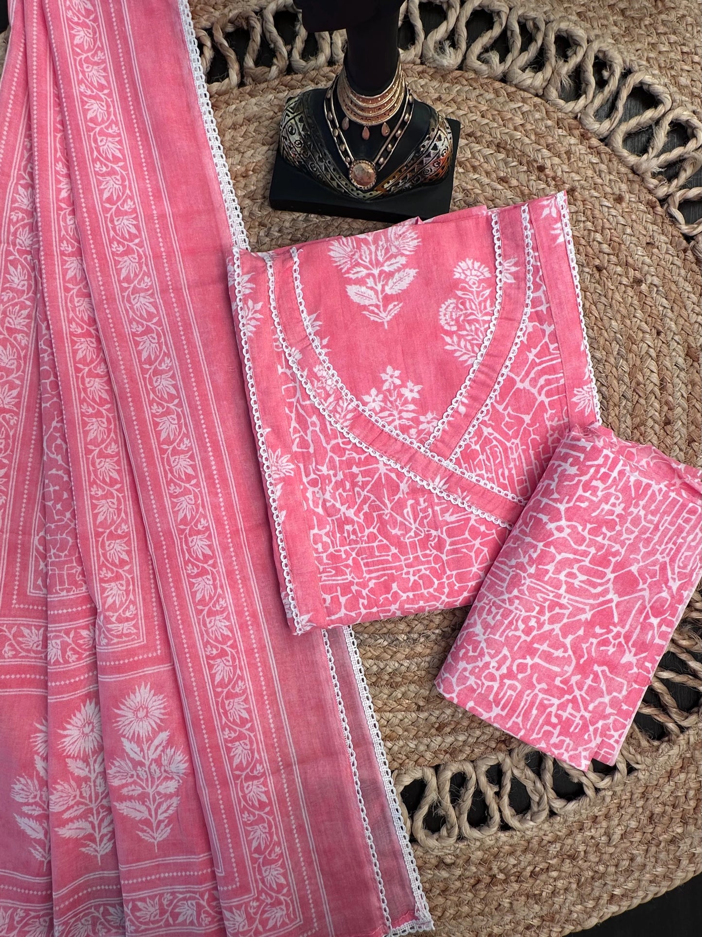 Pink Angrakha Printed Cotton 3-Piece Suit