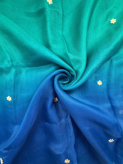 Sea Green-Blue Rati Shaded Kota Doria Pure Silk Saree With Gota Patti Work