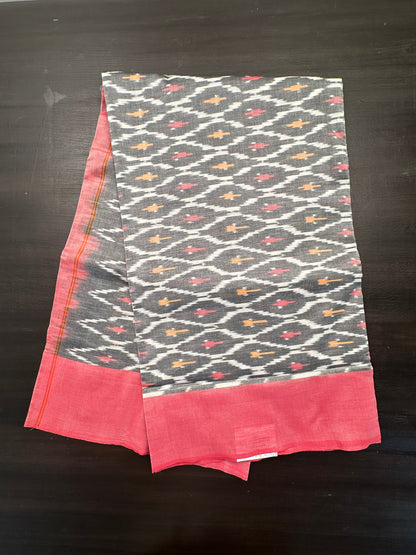 Grey-Coral Red Ikkat Cotton Saree