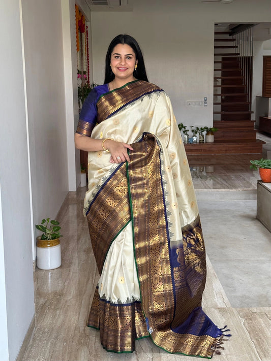 Cream-Navy Blue Gadwal Pure Silk Saree