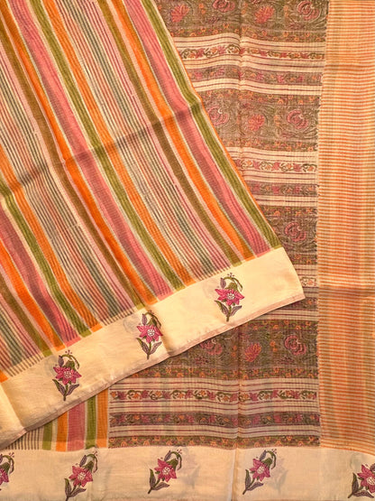 Lemon-Multi Colour Hand Block-Print Pure Kota Doria Silk Saree