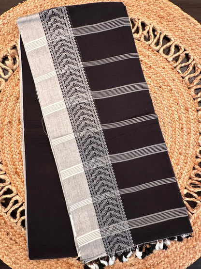 Black-Grey Piku Bengal Cotton Saree