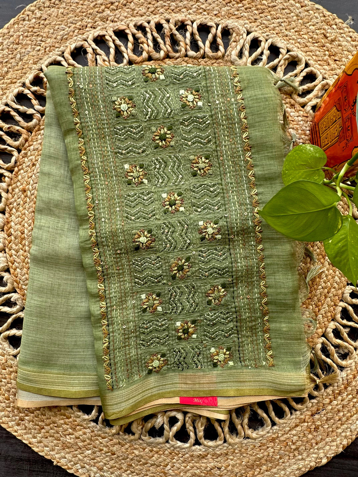 Green Blended Cotton Saree with Hand Embroidery