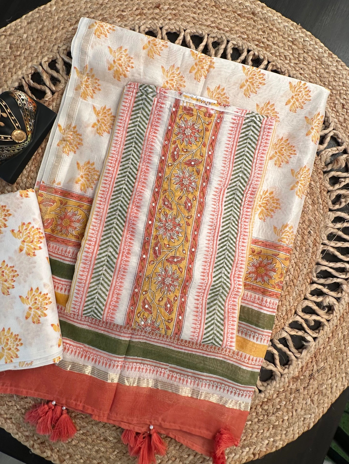 Off White-Mustard Hand Block Printed Chanderi 3-Piece Unstitched Suit with Aari Work