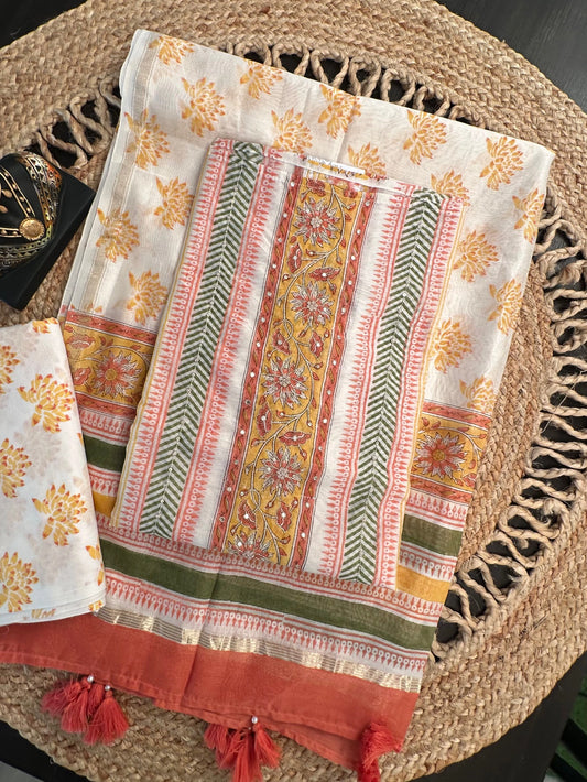 Off White-Mustard Hand Block Printed Chanderi 3-Piece Unstitched Suit with Aari Work