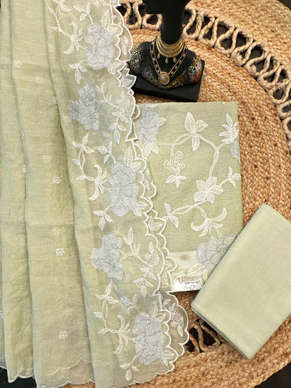 Pista Green Cotton Chanderi 3-Piece Unstitched Suit