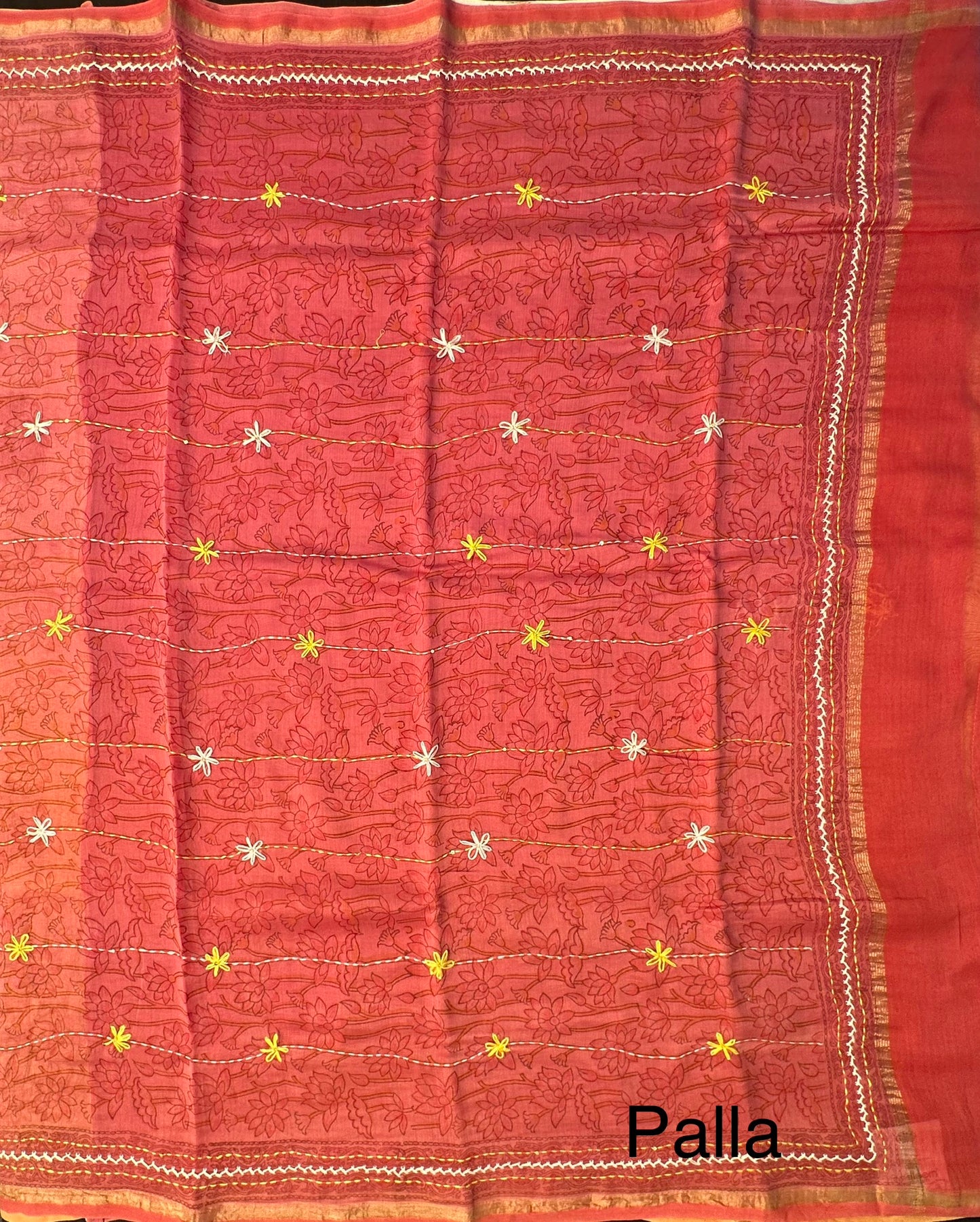 Yellow-Red Block Print Chanderi Saree With Kaantha Stitch