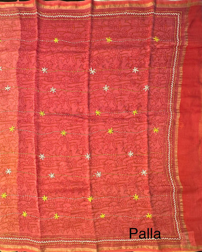 Yellow-Red Block Print Chanderi Saree With Kaantha Stitch
