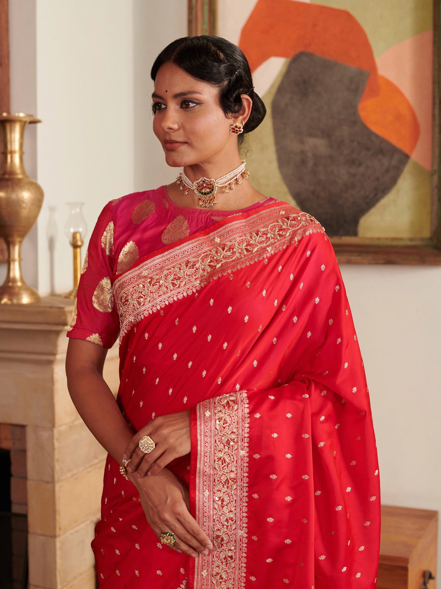 Pinkish Red Blended Silk Saree