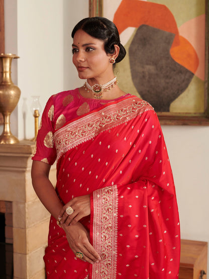 Pinkish Red Blended Silk Saree