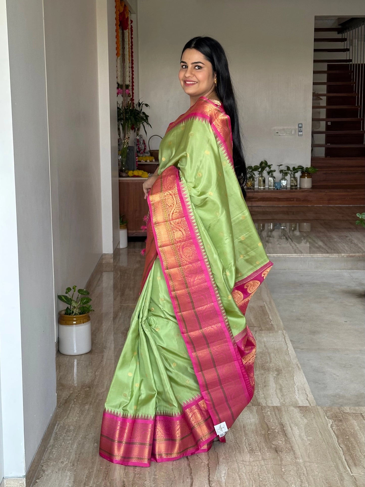 Pista Green-Pink Gadwal Pure Silk Saree