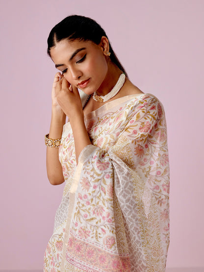 Off White - Grey Block Printed Kota Doria