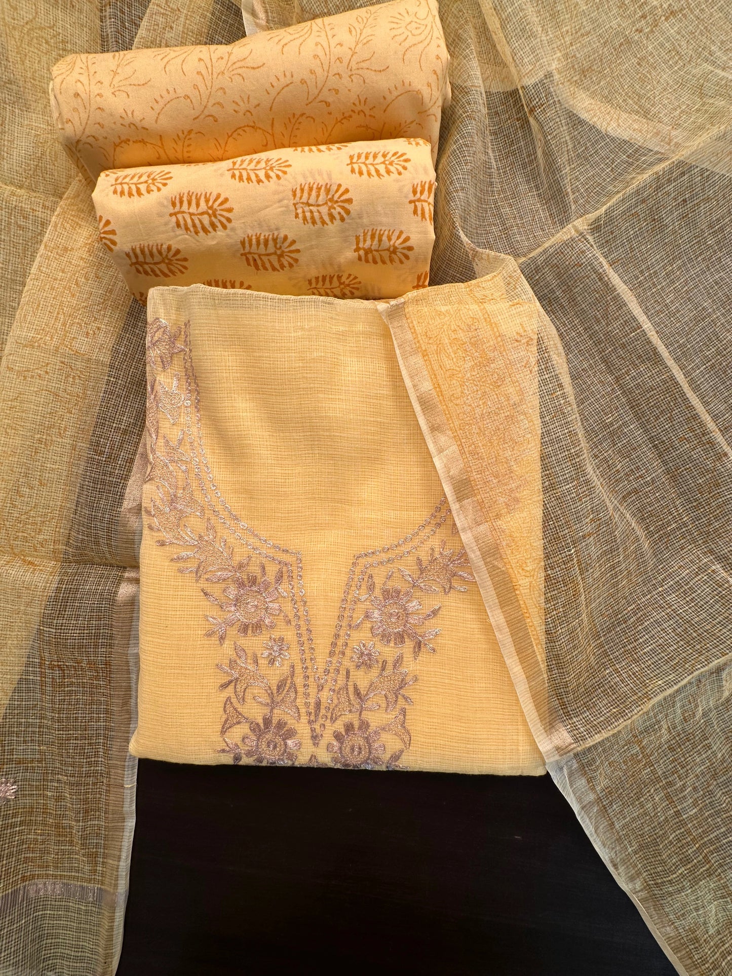 Yellow 4-Piece Kota Doria Cotton Unstitched Suit