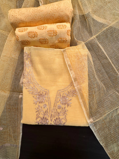 Yellow 4-Piece Kota Doria Cotton Unstitched Suit