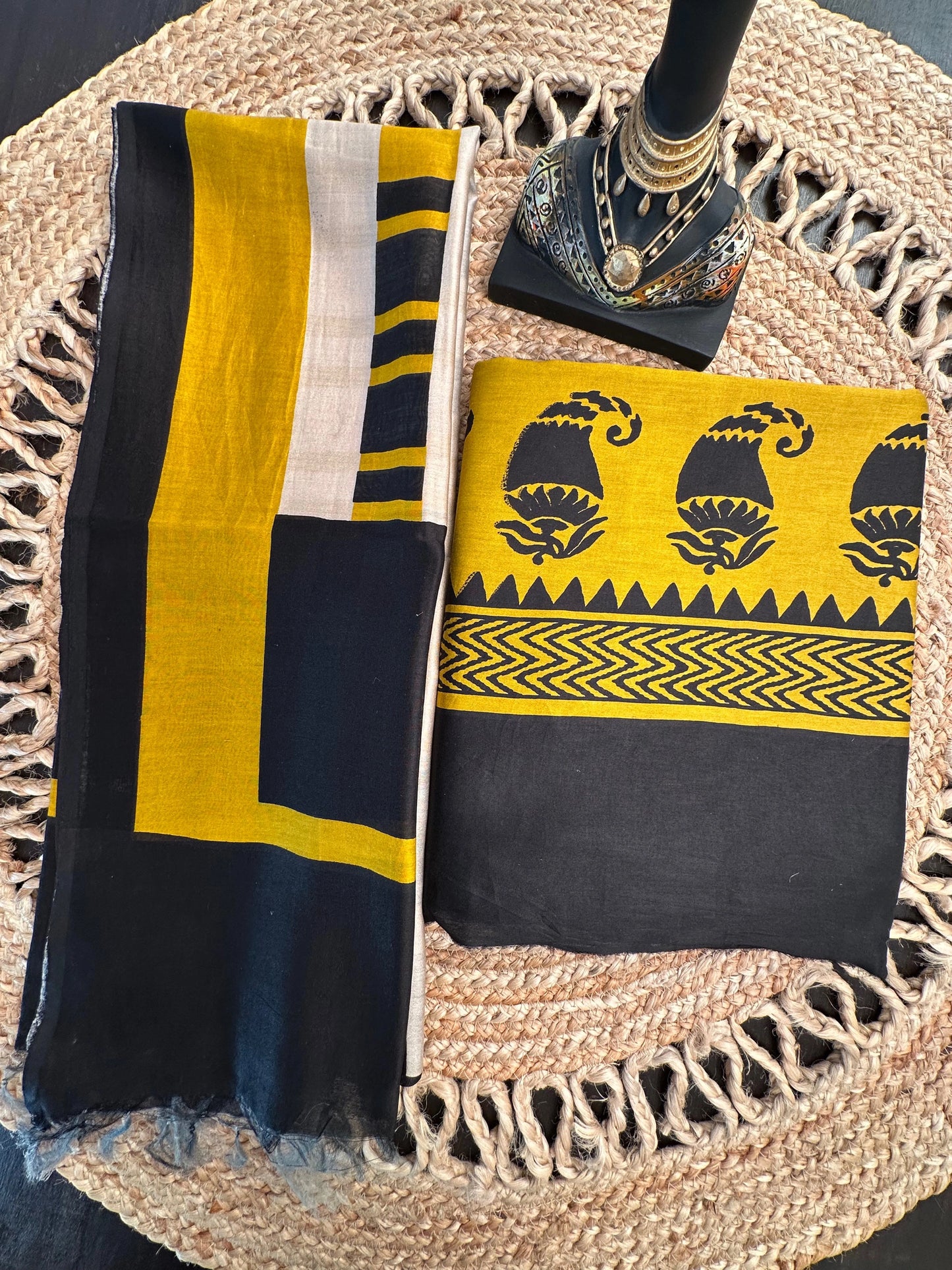 Mustard-Black Printed Chanderi 3-Piece Unstitched Suit