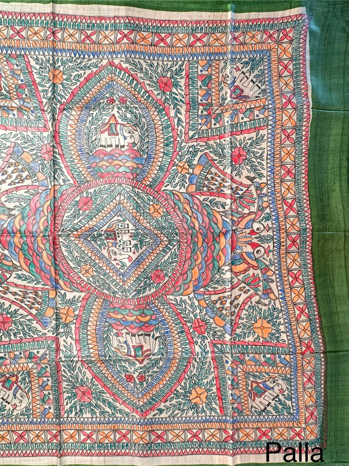 Green Madhubani Art Pure Tussar Silk Saree