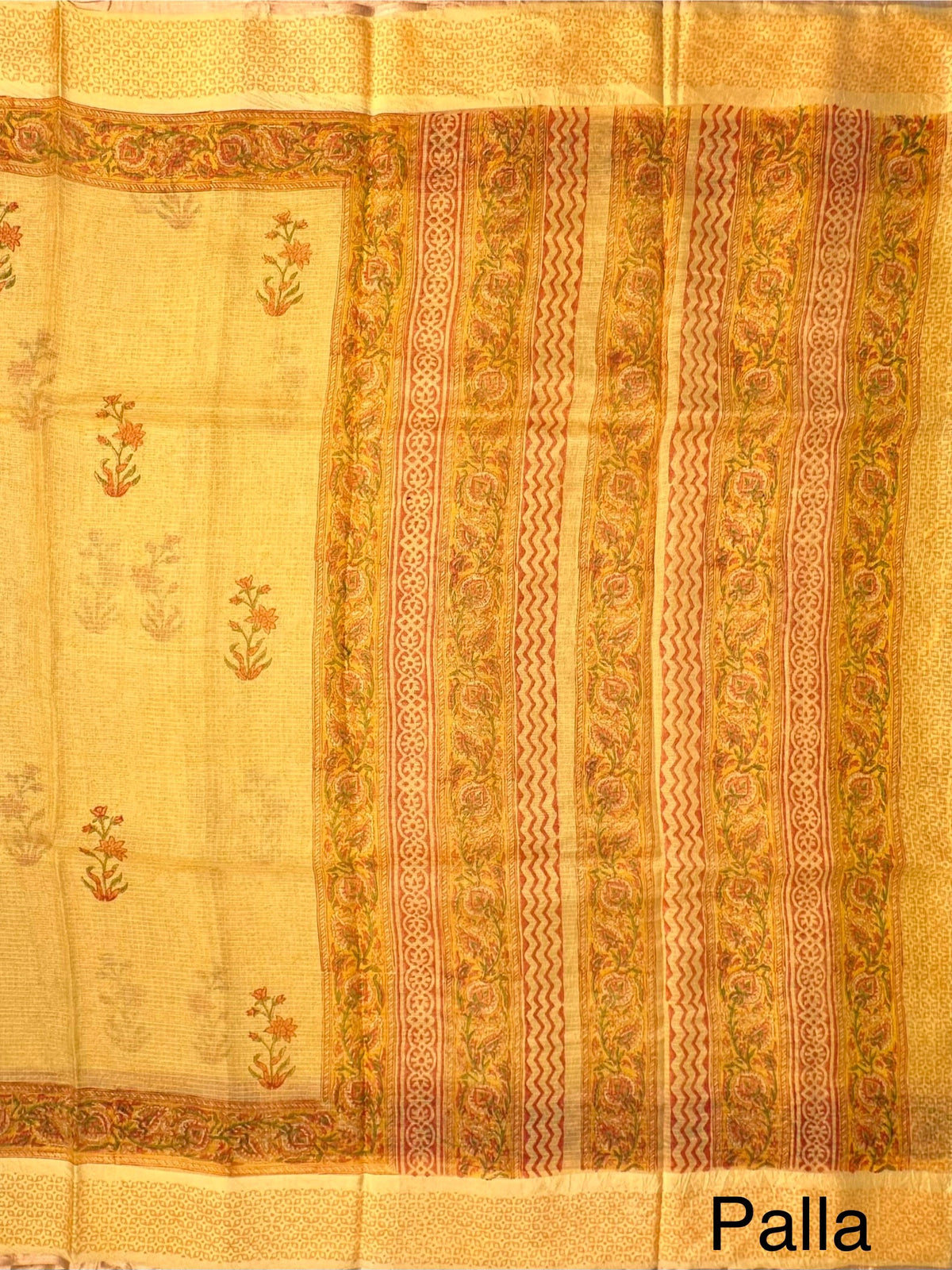 Yellow Hand Block-Print Pure Kota Doria Silk Saree