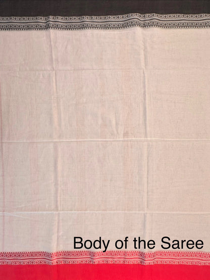 Off White-Red-Black Piku Bengal Cotton Saree