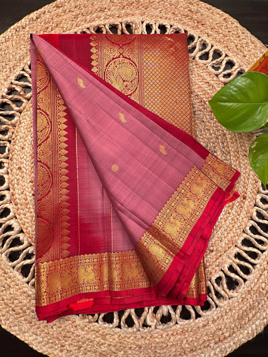 Dusky Pink -Red Handloom Kanjivaram Pure Silk Saree