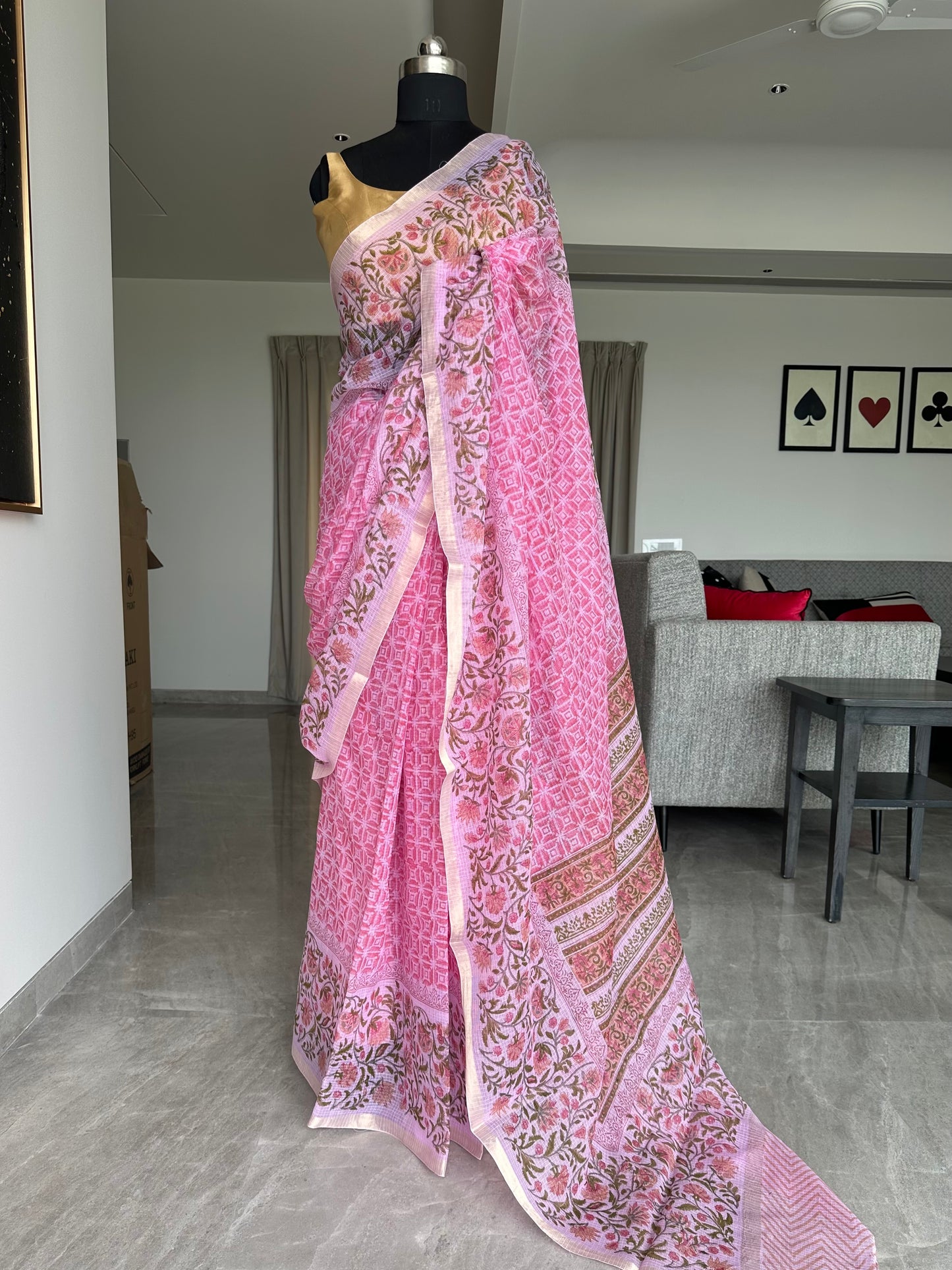 Off White - Grey Block Printed Kota Doria
