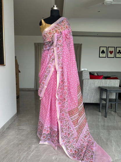 Off White - Grey Block Printed Kota Doria