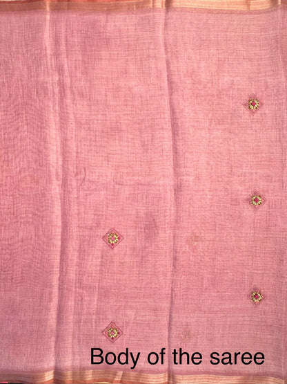 Dusky Pink Blended Cotton Saree with Hand Embroidery