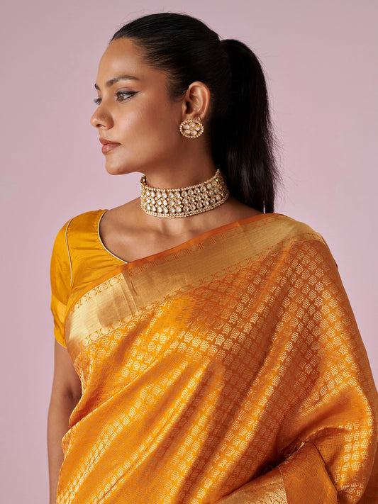 Mustard Handloom Kanjivaram Jamawar Pure Silk Saree