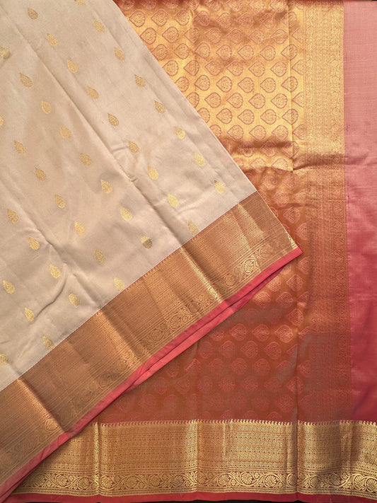 Beige Pondicherry Handloom Pure Silk Saree