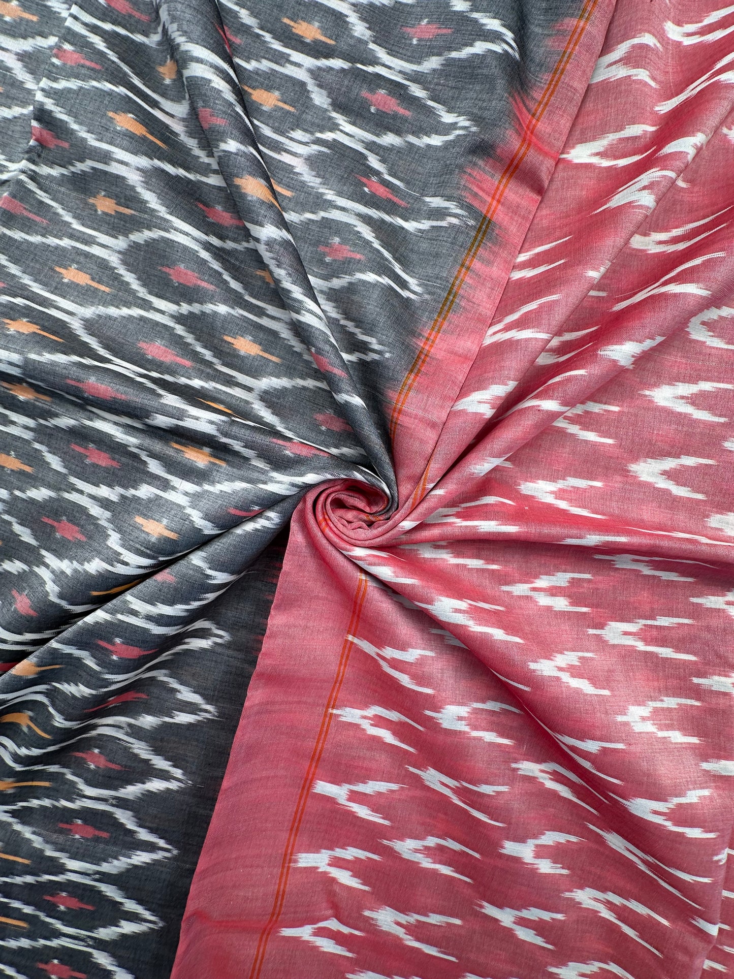 Grey-Coral Red Ikkat Cotton Saree