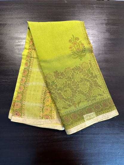 Mehndi Green Block Print Kota Doria Cotton Saree