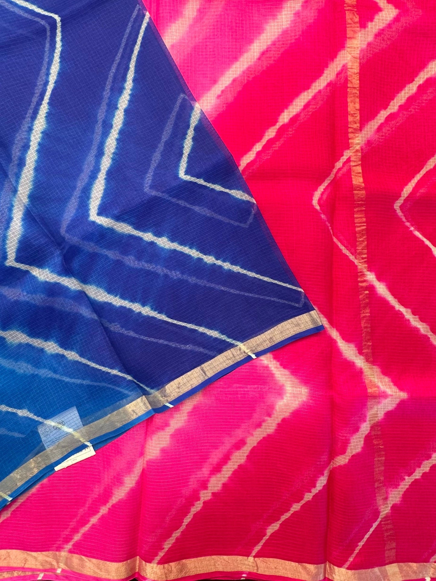 Blue-Pink Leheriya Kota Doria Pure Silk Saree