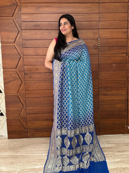 Firozi-Royal Blue Gharchola Bandhej Pure Georgette Saree