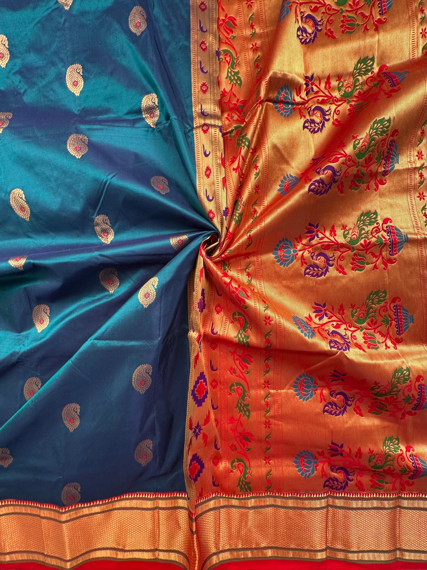 Peacock Blue-Red Paithini Silk Saree