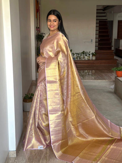 Baby Pink Handloom Jamawar Pure Tissue Silk Saree