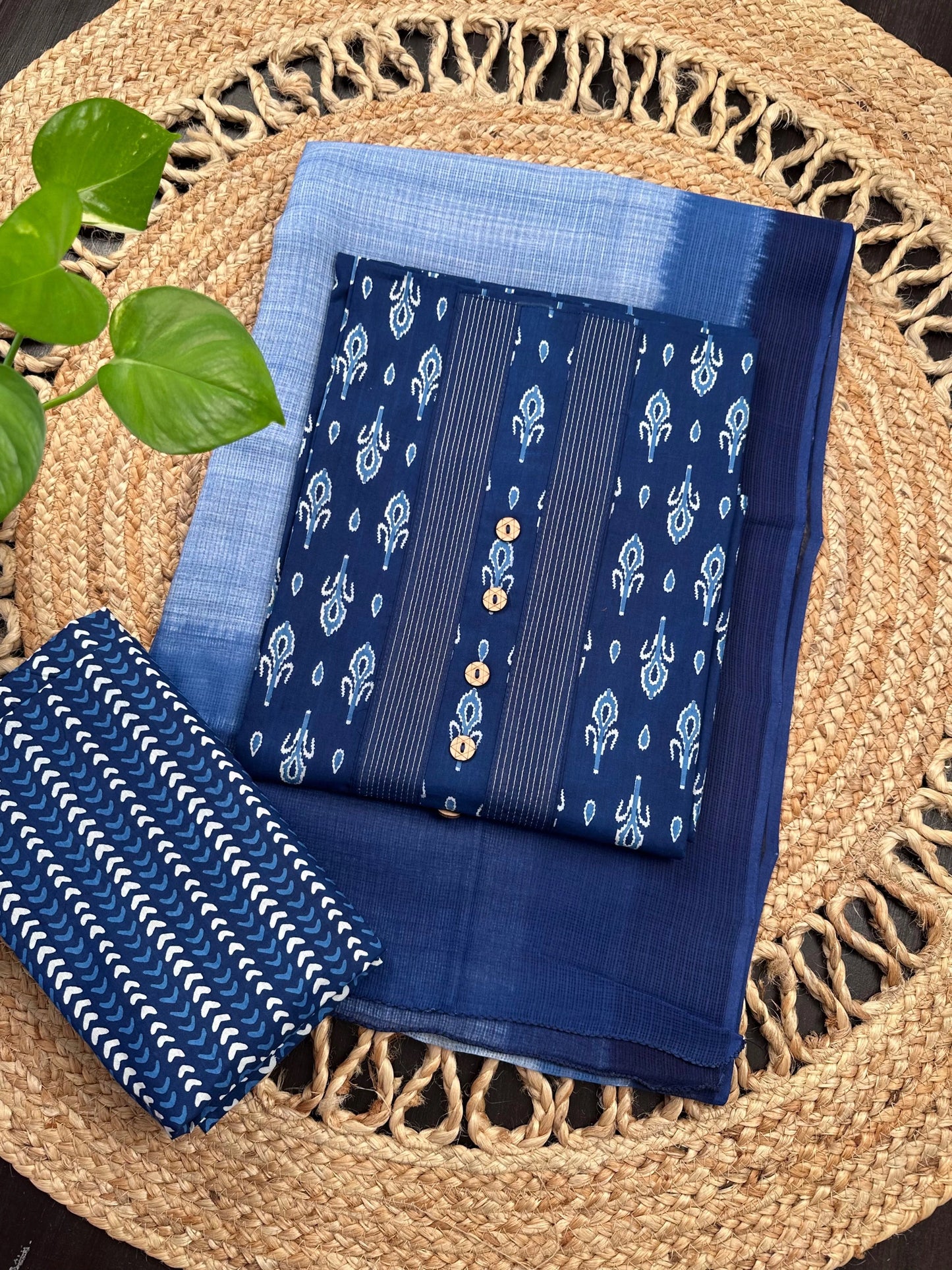 Navy Blue Jaipuri Cotton 3-Piece Suit