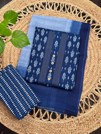 Navy Blue Jaipuri Cotton 3-Piece Suit