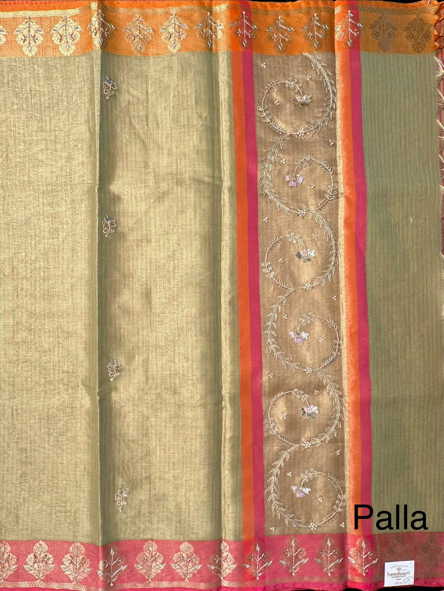 Parrot Green Hand Work Fancy Tissue Saree