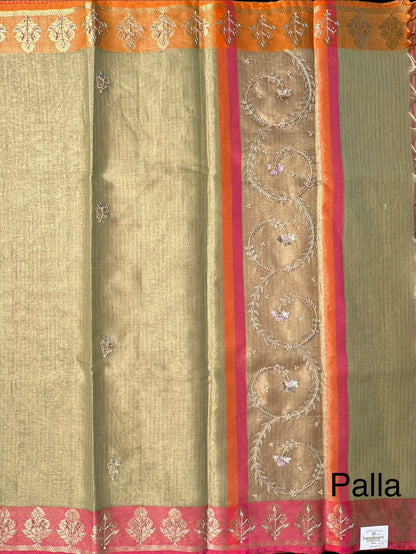 Parrot Green Hand Work Fancy Tissue Saree