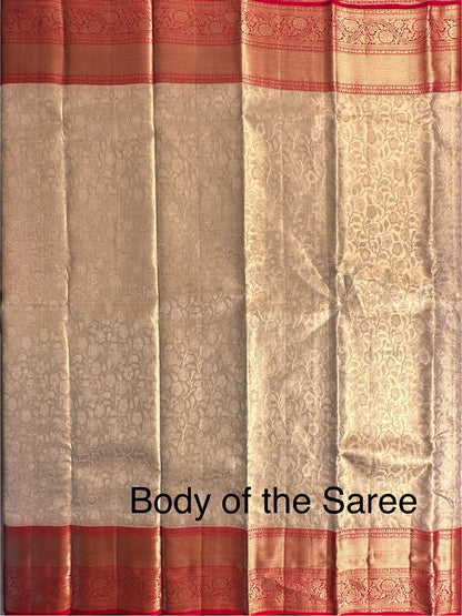 Golden - Red  Handloom Kanjivaram Jamawar Pure Tissue Silk Saree