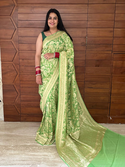Parrot Green Khaddi Jaal Pure Georgette Saree