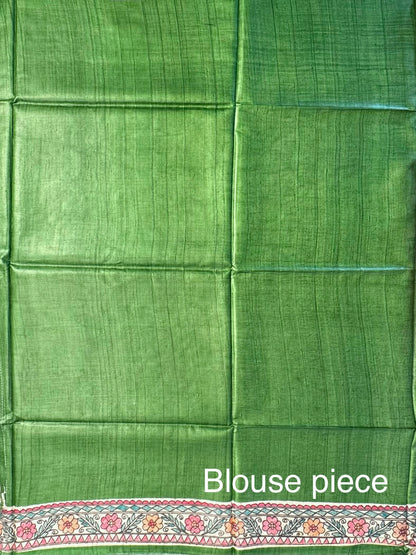 Green Madhubani Art Pure Tussar Silk Saree