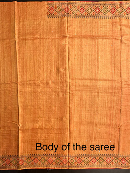 Mustard Pure Tussar Silk Saree With Embroidery