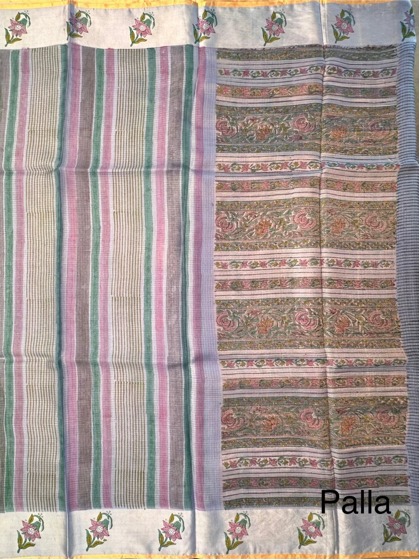 Blue-Multi Colour Hand Block-Print Pure Kota Doria Silk Saree